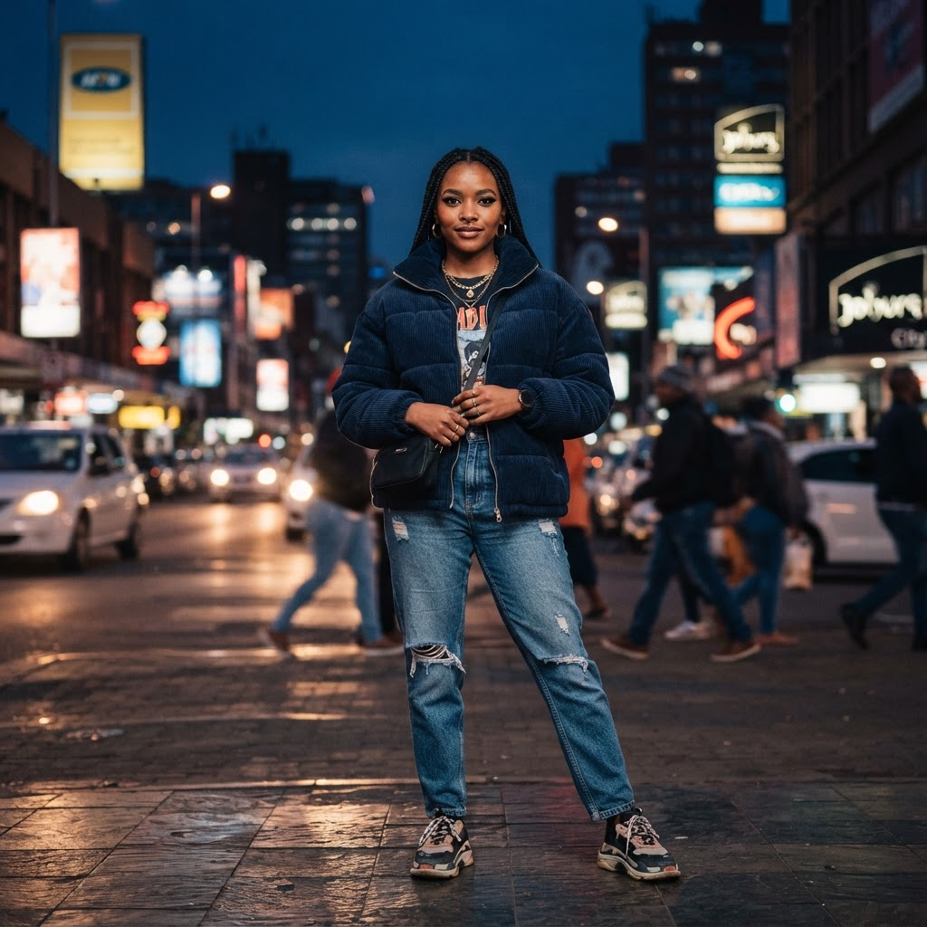A young South African woman on a Johannesburg street at dusk